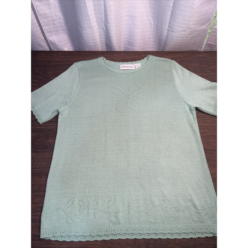 Alfred Dunner Womens Short Sleeve Sweater Shirt Green Butterfly Size Medium